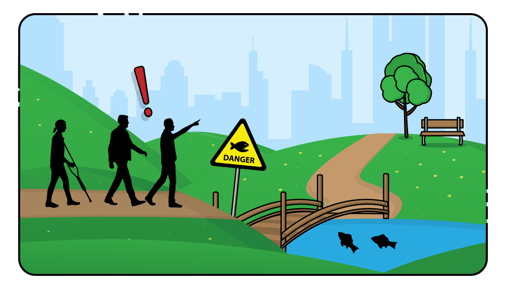 Teams consider three factors when arriving at relative estimates of effort: 1) the amount of work to do, 2) the complexity of the work, and 3) how much risk and uncertainty is associated with that work. Two people, one on crutches and the other not, consider the effort to walk to different distant buildings, considering amount, complexity, and risks.