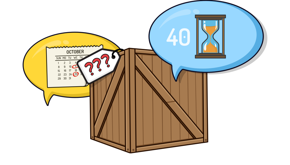 Agile estimation is a way of buying knowledge (cost, time, scope, and so on). A box is shown with question marks for its label. Two thought bubbles rise out of the box, one shows an hour glass and the other a calendar.