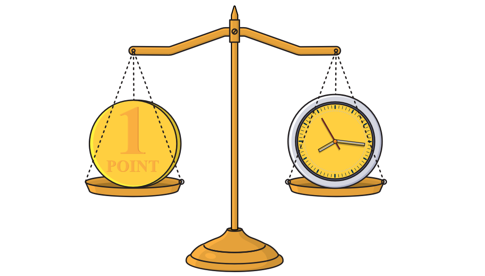 Scrum teams create estimates at two different times and at two different levels. One side of a scale holds a clock, representing time. This is the absolute, time based estimate teams use during sprint planning at the sprint backlog level. On the other side of the scale is a 1-point coin. This represents the abstract, relative estimates teams use at the product backlog level.